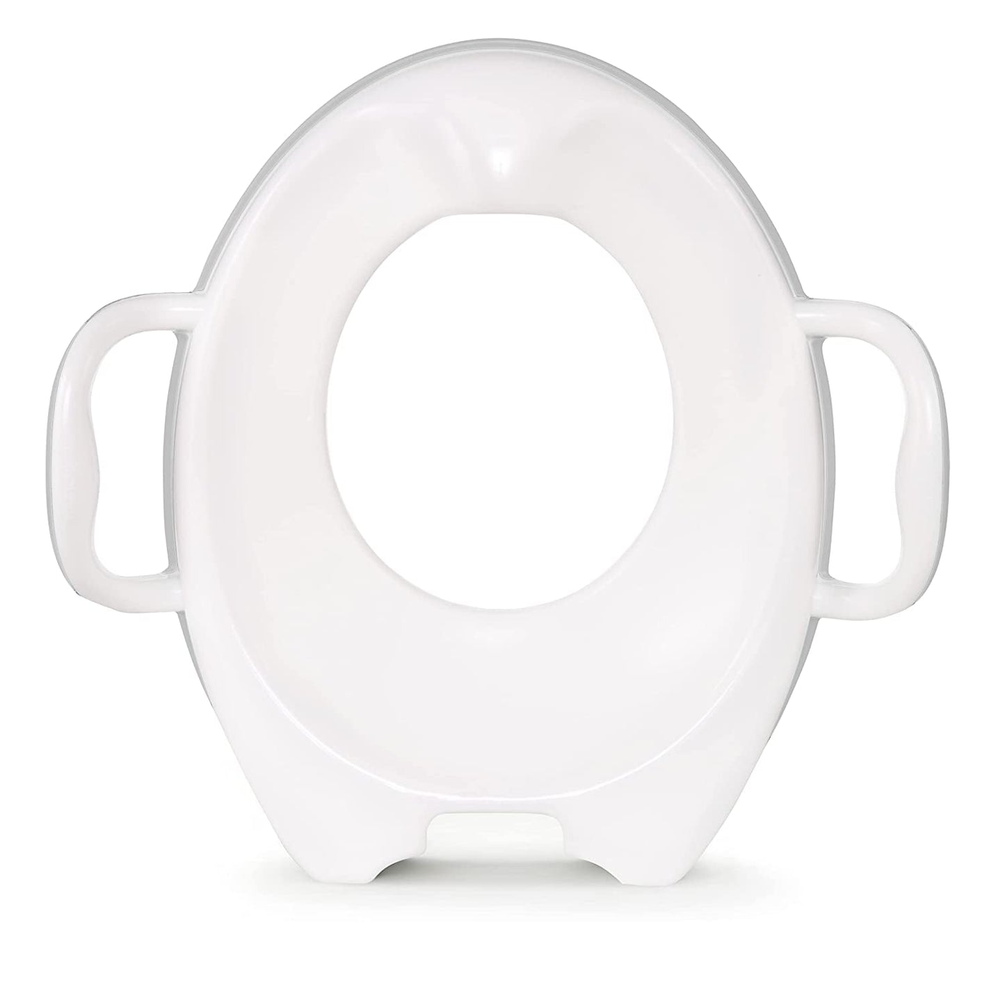 A white, oval-shaped potty training seat with handles, designed to fit over a toilet seat