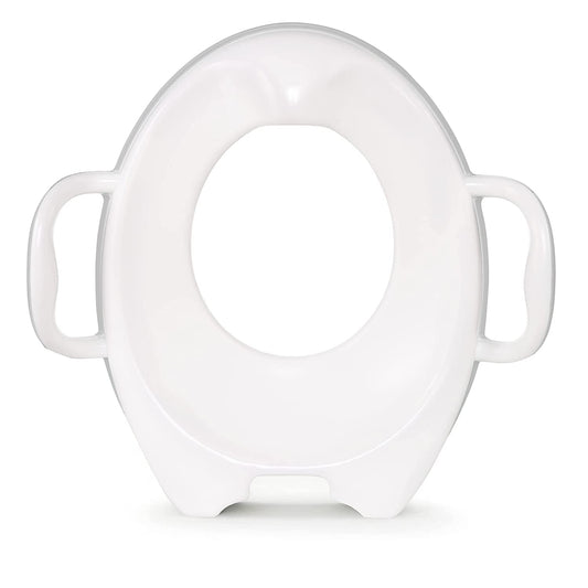 A white, oval-shaped potty training seat with handles, designed to fit over a toilet seat