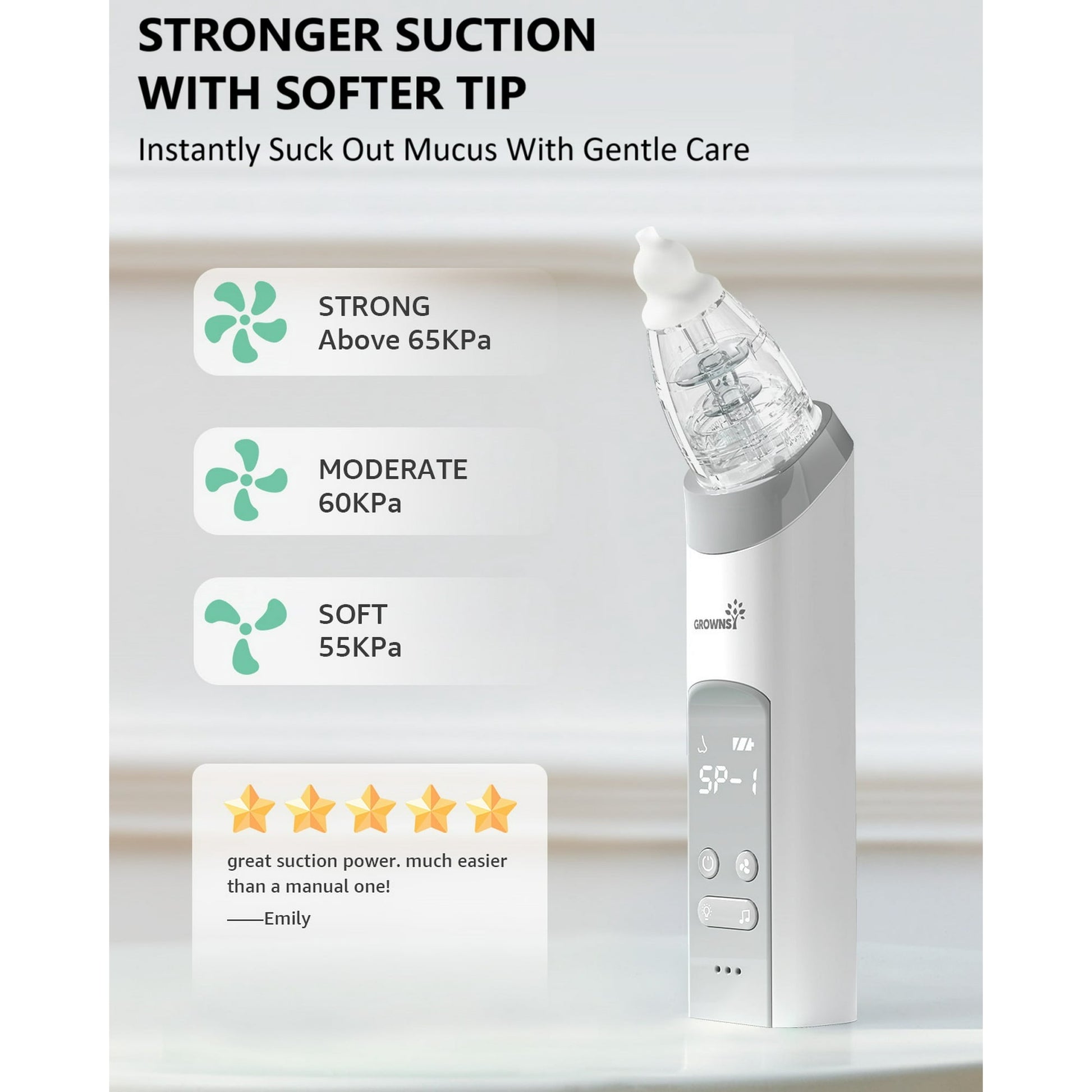 Nasal aspirator with suction strength indicators and customer review on a white background