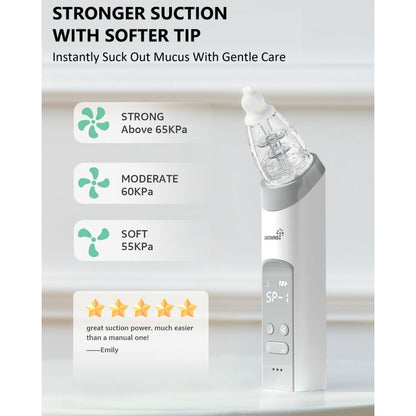 Nasal aspirator with suction strength indicators and customer review on a white background