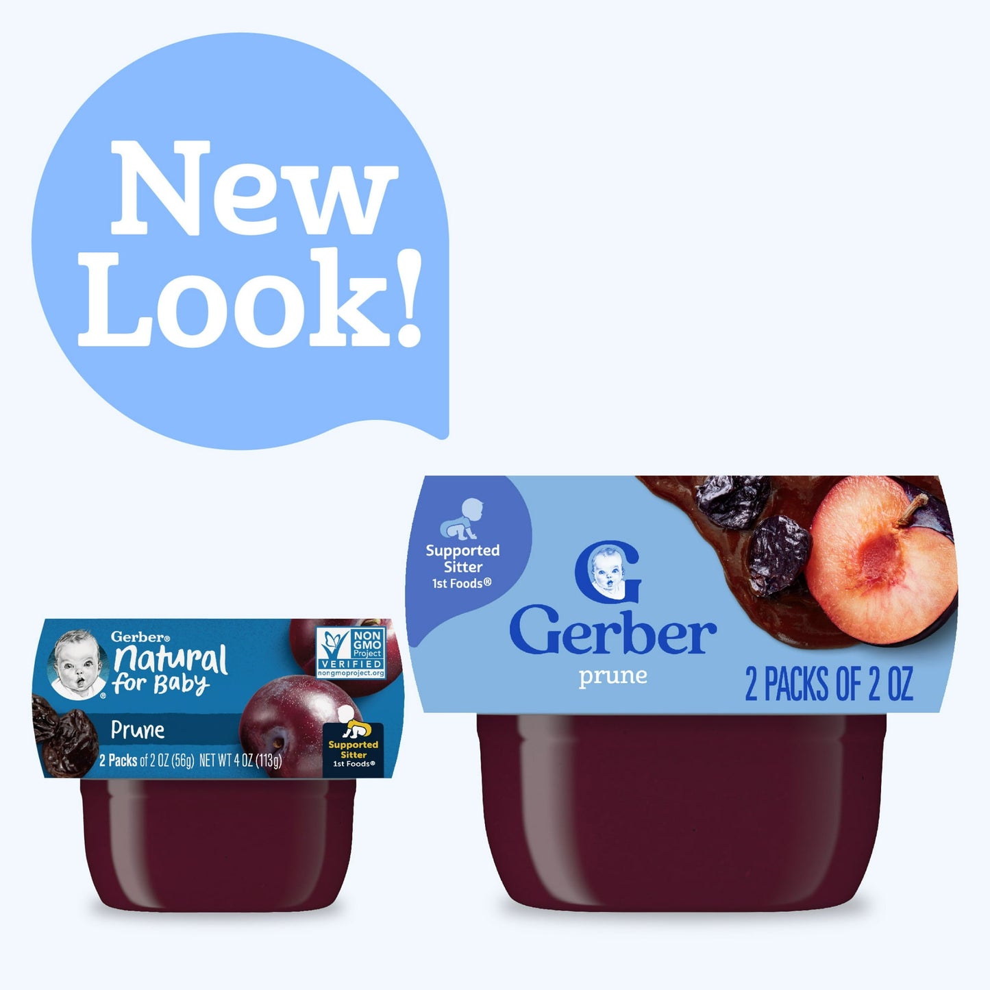 Natural for Baby prune puree packaging with a blue label and baby image.