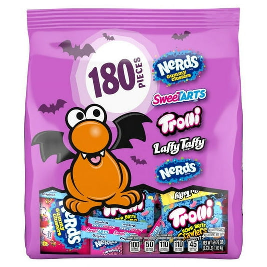 Core Winners Halloween Trick-or-Treat Variety Bag, Nerds Gummy Clusters, Sweetarts, Trolli, Laffy Taffy, and Nerds Original, 180 Pieces, 59.76 Ounces