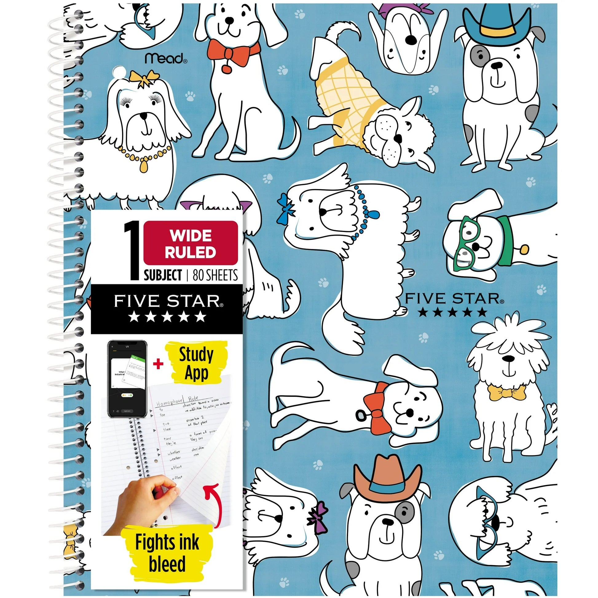 Notebook with cartoon dog illustrations on a blue background