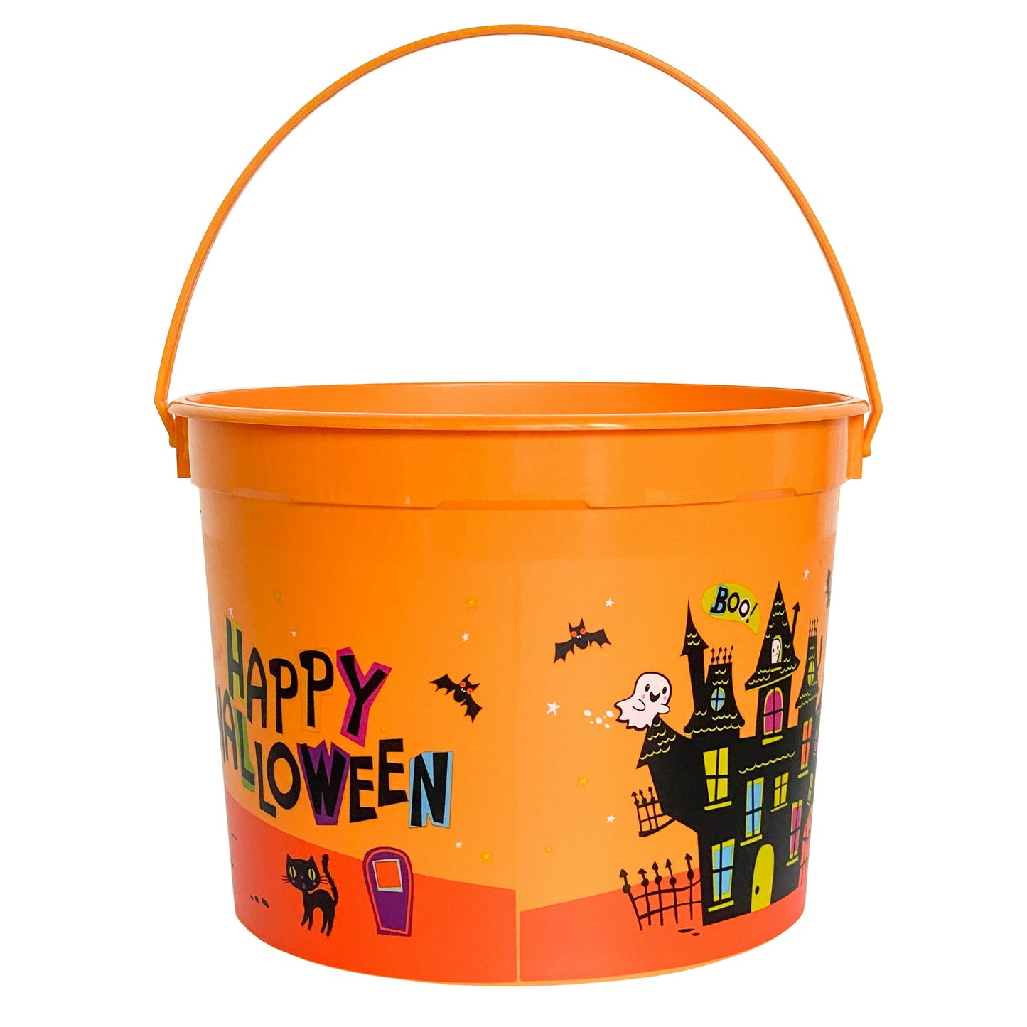 Orange Halloween candy bucket with decorative design and text on a white background