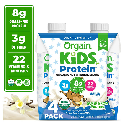 Kids Protein shake package with nutritional information on a white background