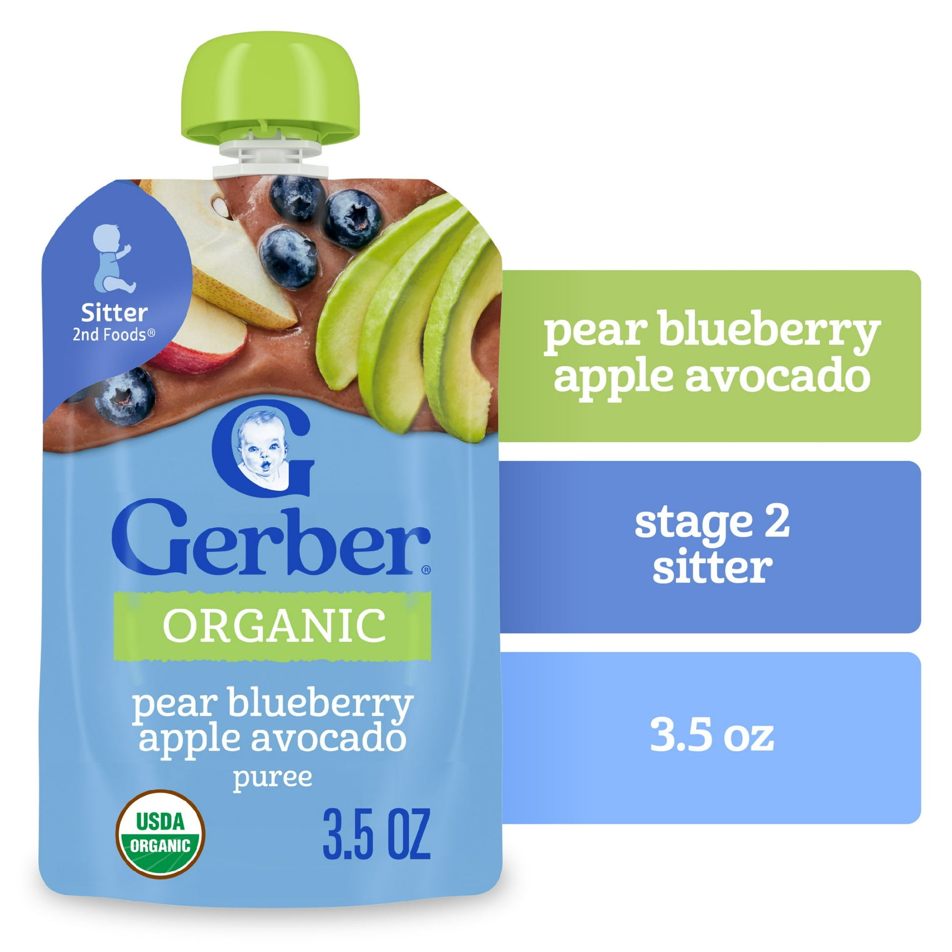 Organic baby food pouch with pear blueberry apple avocado flavor on a white background