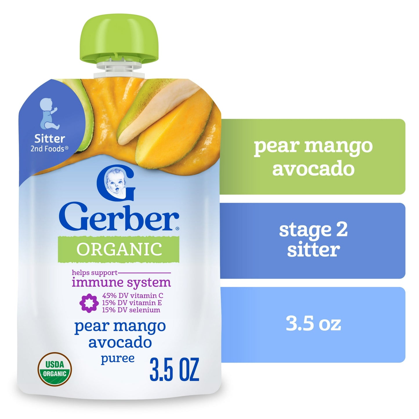 Organic baby food pouch with pear mango avocado flavor on a white background