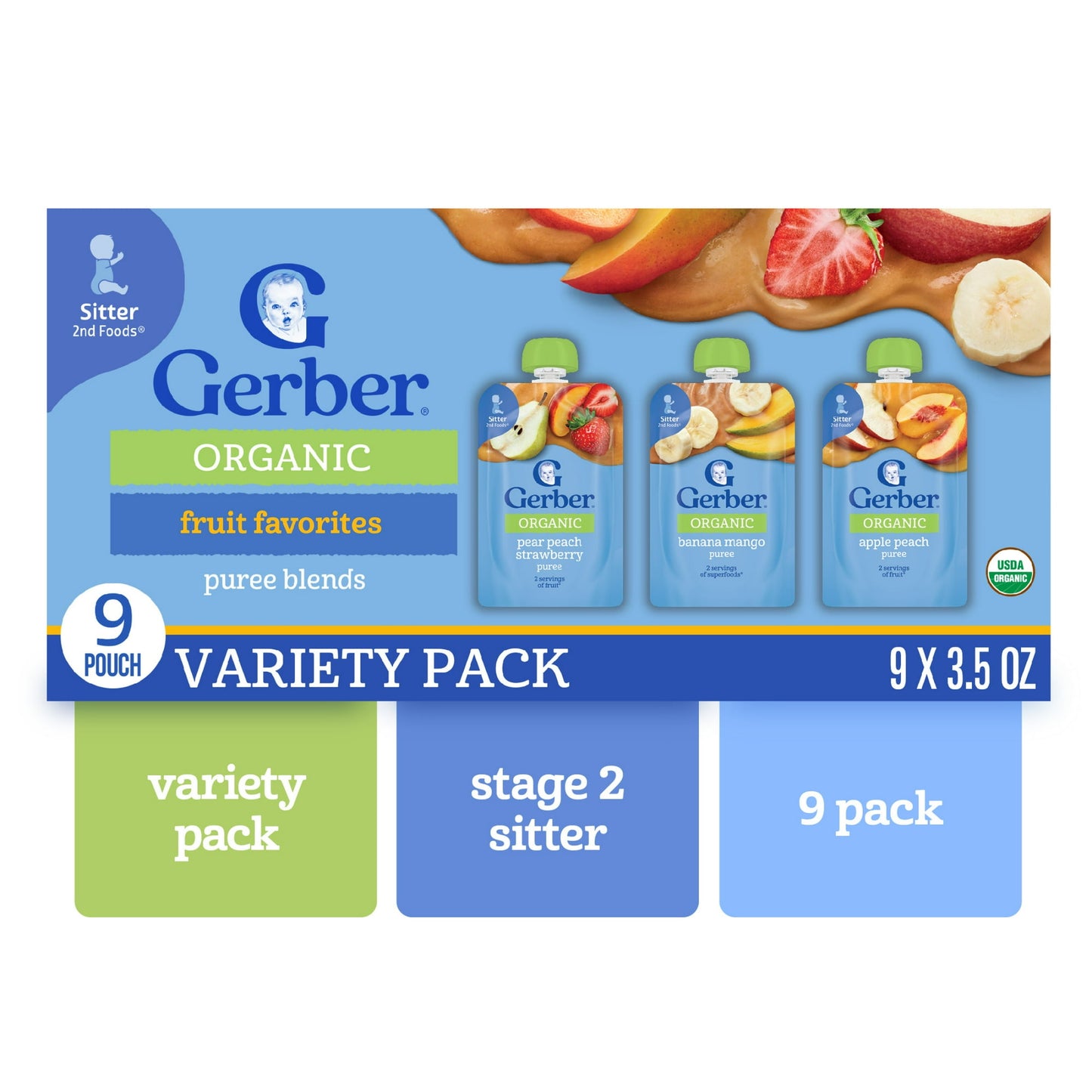 Organic fruit and vegetable puree baby food, 3.5 oz pouches, 9-pack – stage 2 variety pack for infants and toddlers.