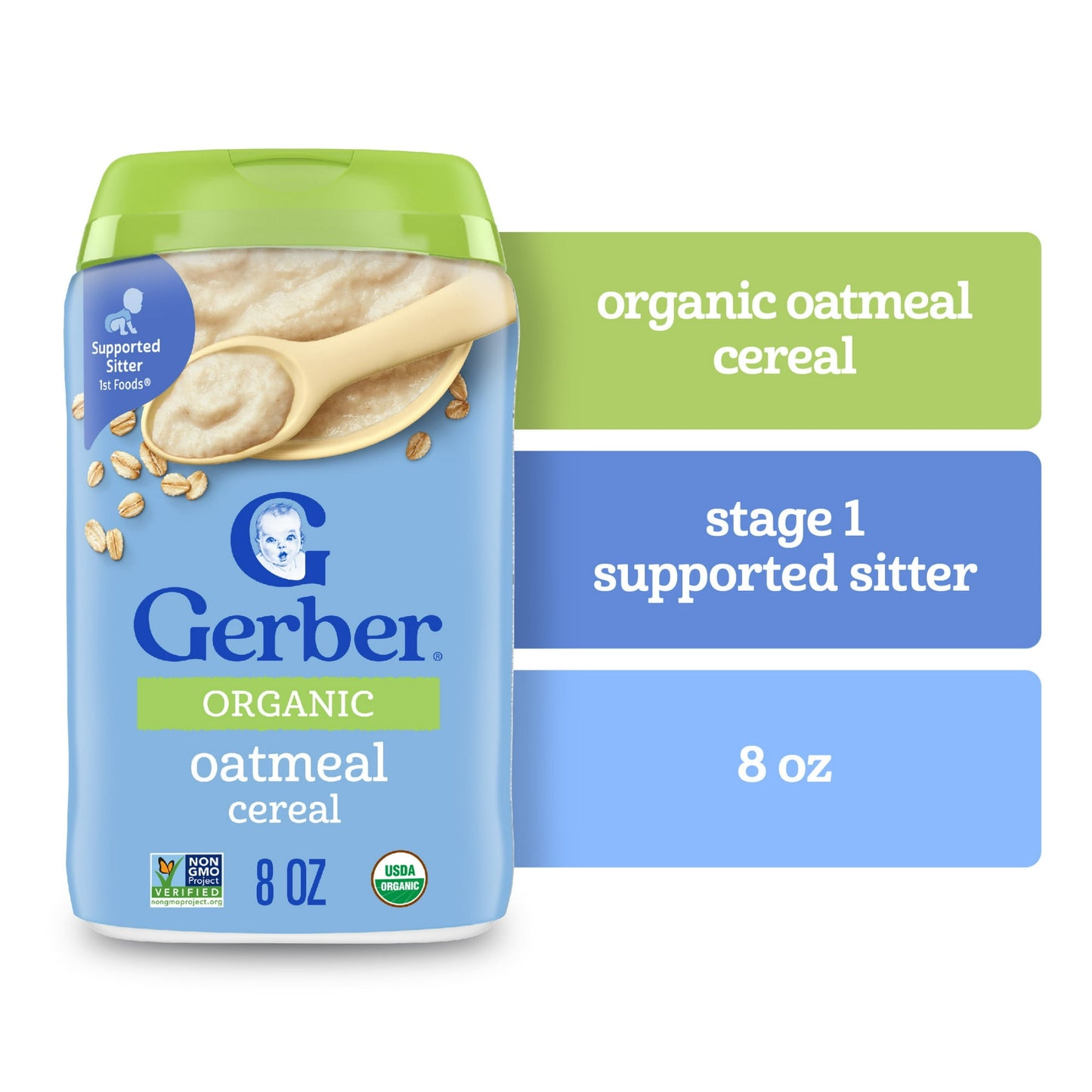 Organic oatmeal baby cereal, 8 oz canister – iron-fortified grain for infants’ growth and development.
