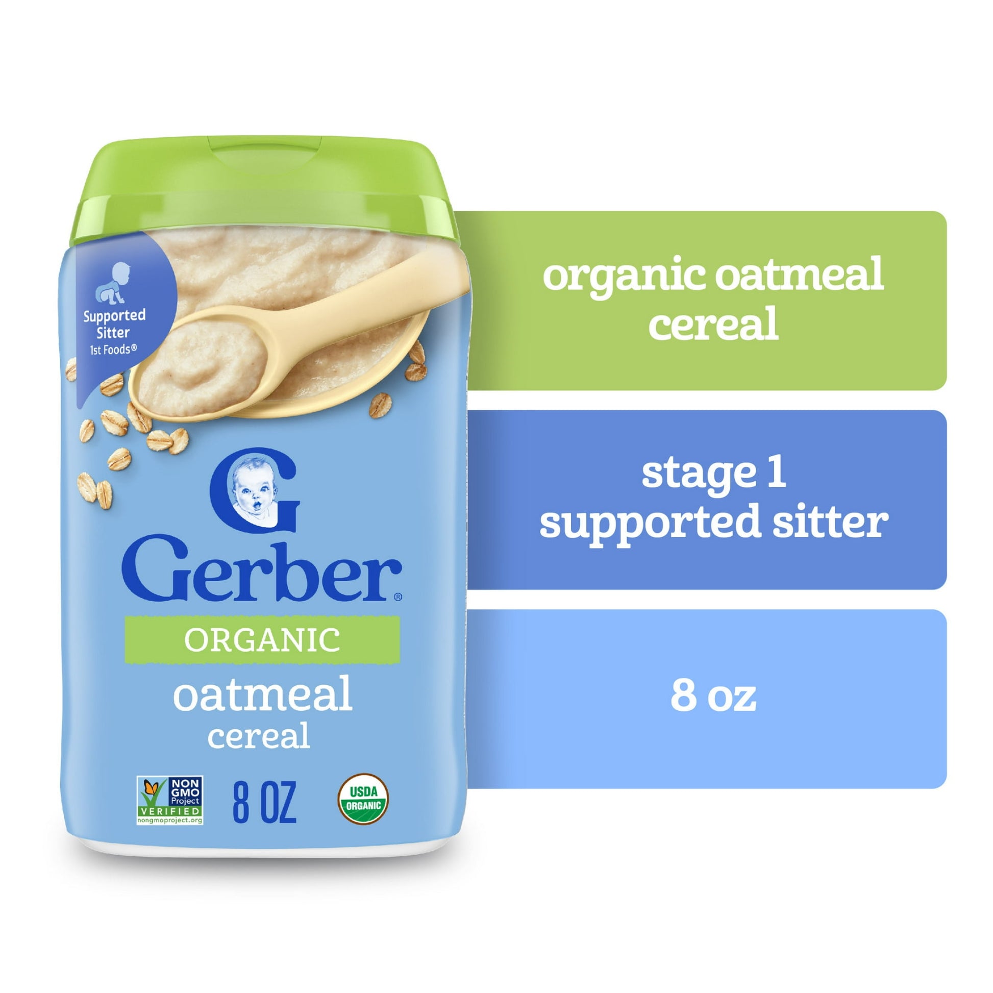 Organic oatmeal baby cereal, 8 oz canister – iron-fortified grain for infants’ growth and development.