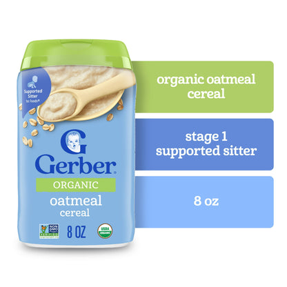 Organic oatmeal baby cereal, 8 oz canister – iron-fortified grain for infants’ growth and development.