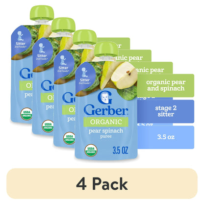 Organic pear and spinach puree baby food, 3.5 oz pouches, 4-pack – smooth stage 2 fruit and veggie blend for infants.