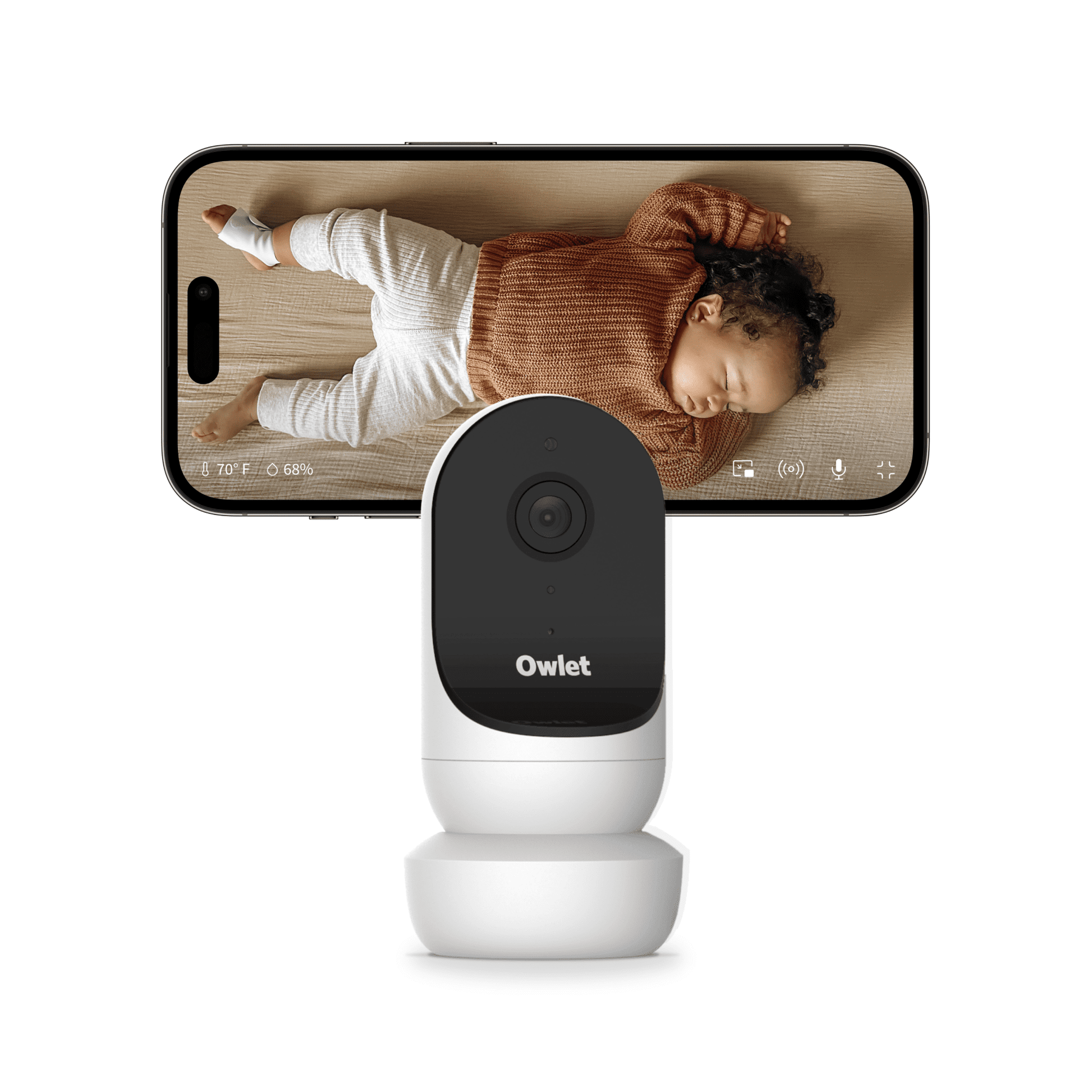 A baby monitor camera and a smartphone displaying a sleeping infant are shown