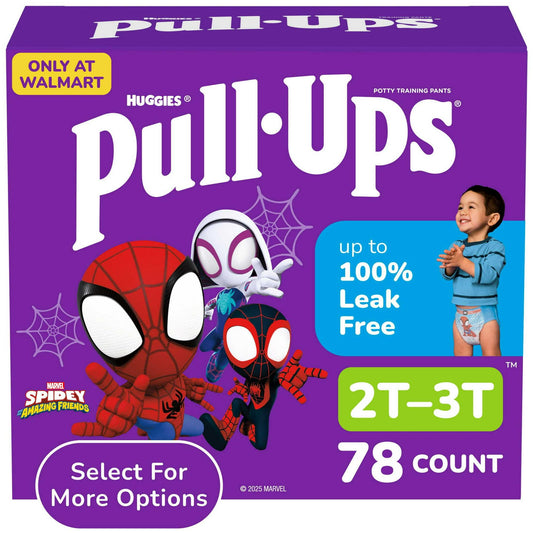 A purple box of training pants featuring Spider-Man characters Size 2T-3T, 78 count