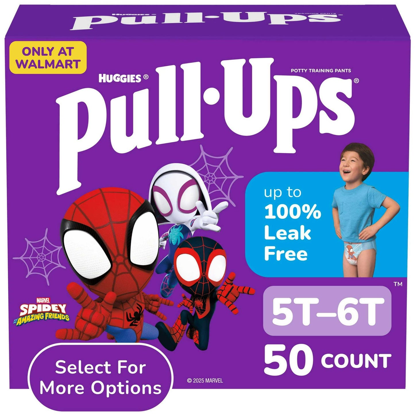 A purple box of training pants featuring Spider-Man characters Size 5T-6T, 50 count