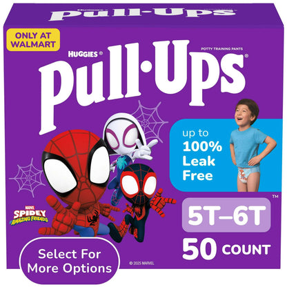 A purple box of training pants featuring Spider-Man characters Size 5T-6T, 50 count