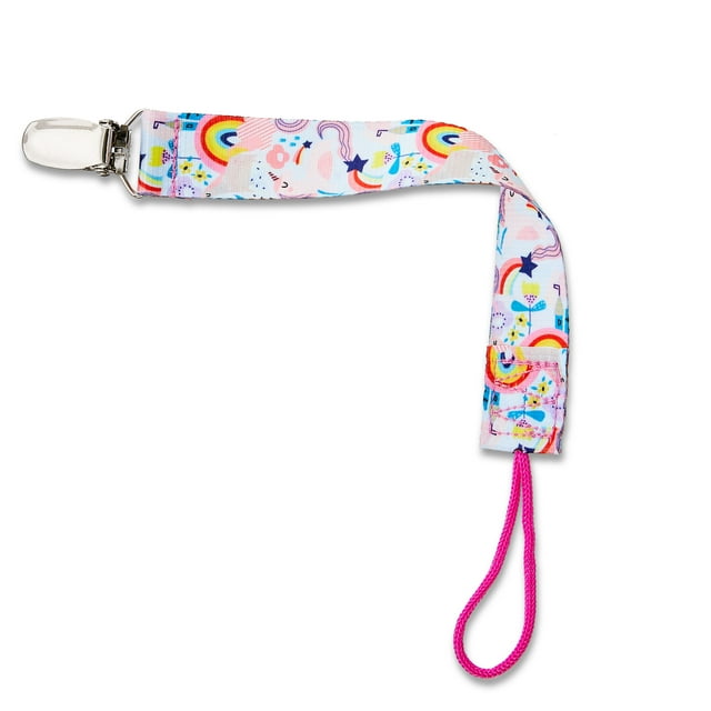 Pacifier clip with colorful rainbow and star pattern on a white background