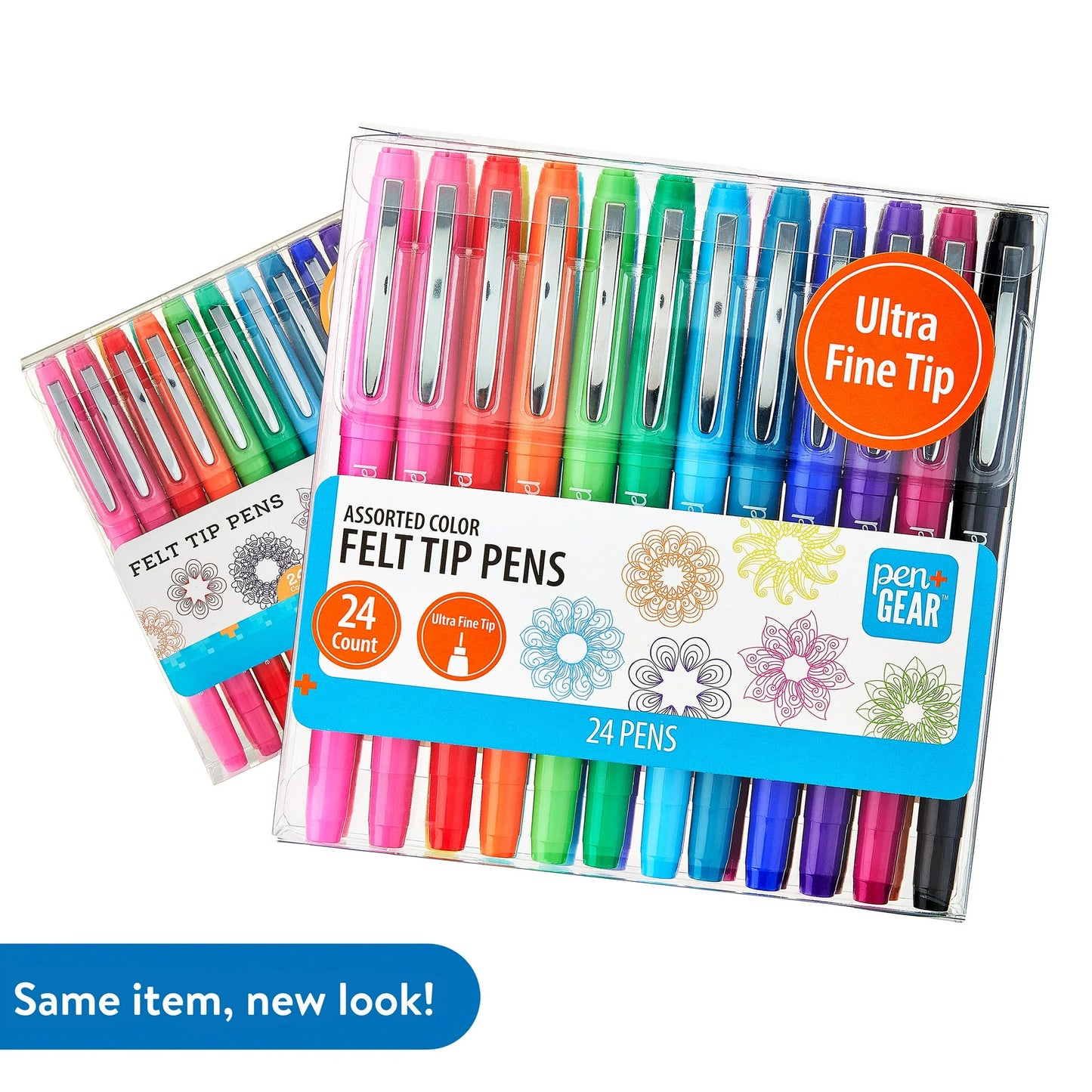 Pack of 24 assorted color felt tip pens with branding on a white background.