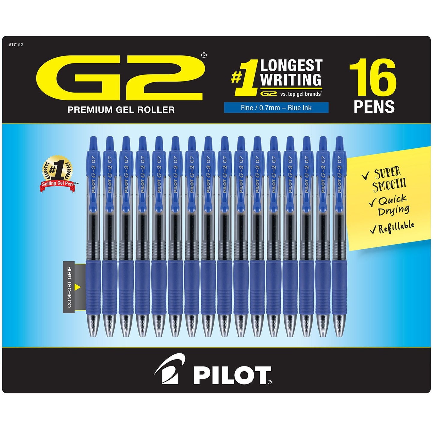 Pack of G2 premium gel roller pens with blue ink on a black and blue background