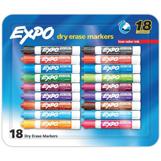 Pack of dry erase markers in various colors on a blue packaging background