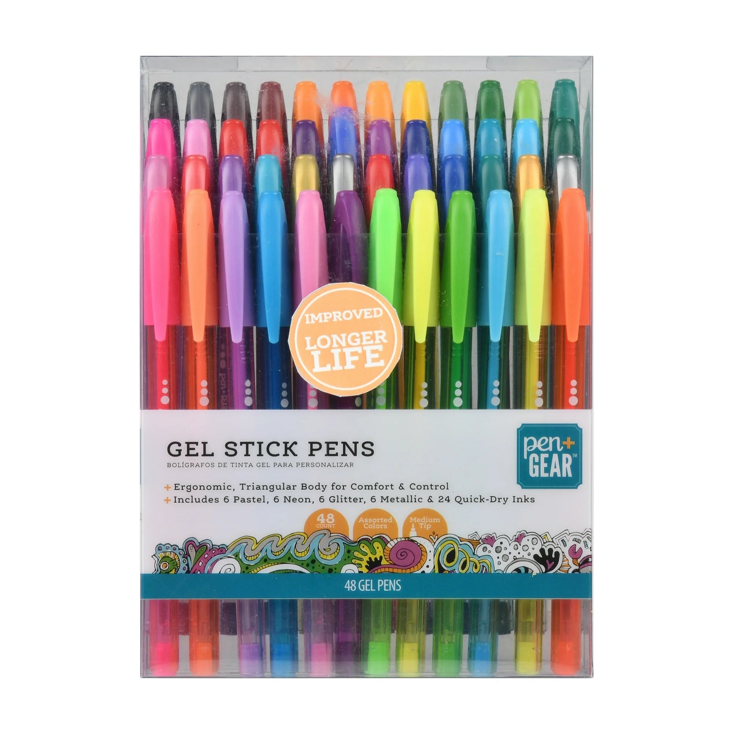 Pack of gel stick pens with colorful caps on a white background