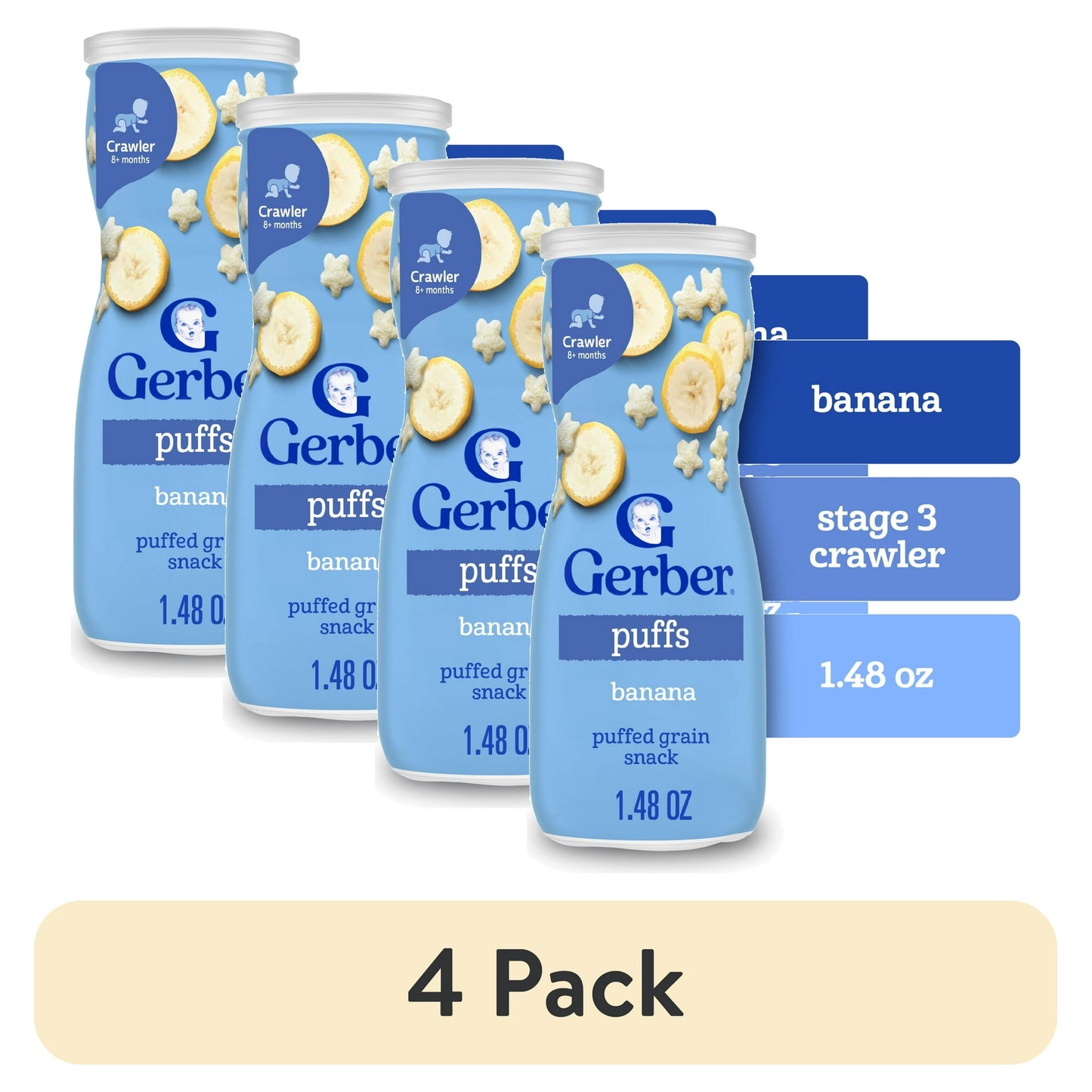 Packaging of Puffs banana puffed grain snack with blue containers and banana illustrations.