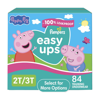 A colorful box of training underwear featuring cartoon Peppa pig characters size 2T-3T, 84 count