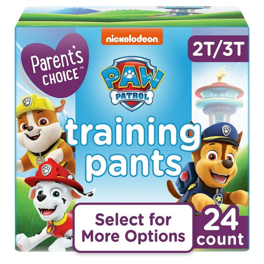 A box of training pants featuring Cartoon characters, labeled 2T/3T, 24 count