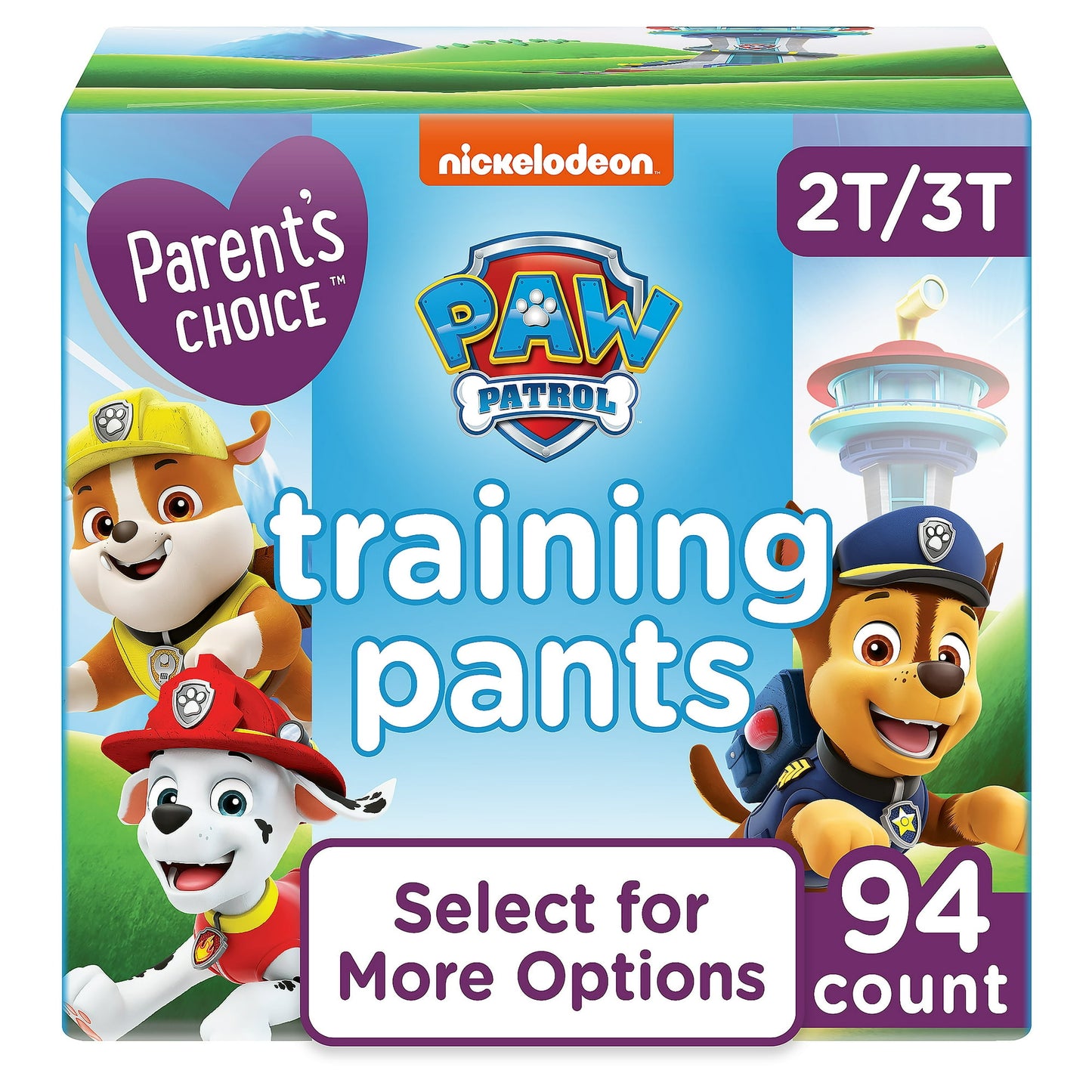 A box of training pants featuring Cartoon characters, labeled 2T-3T, 94 count