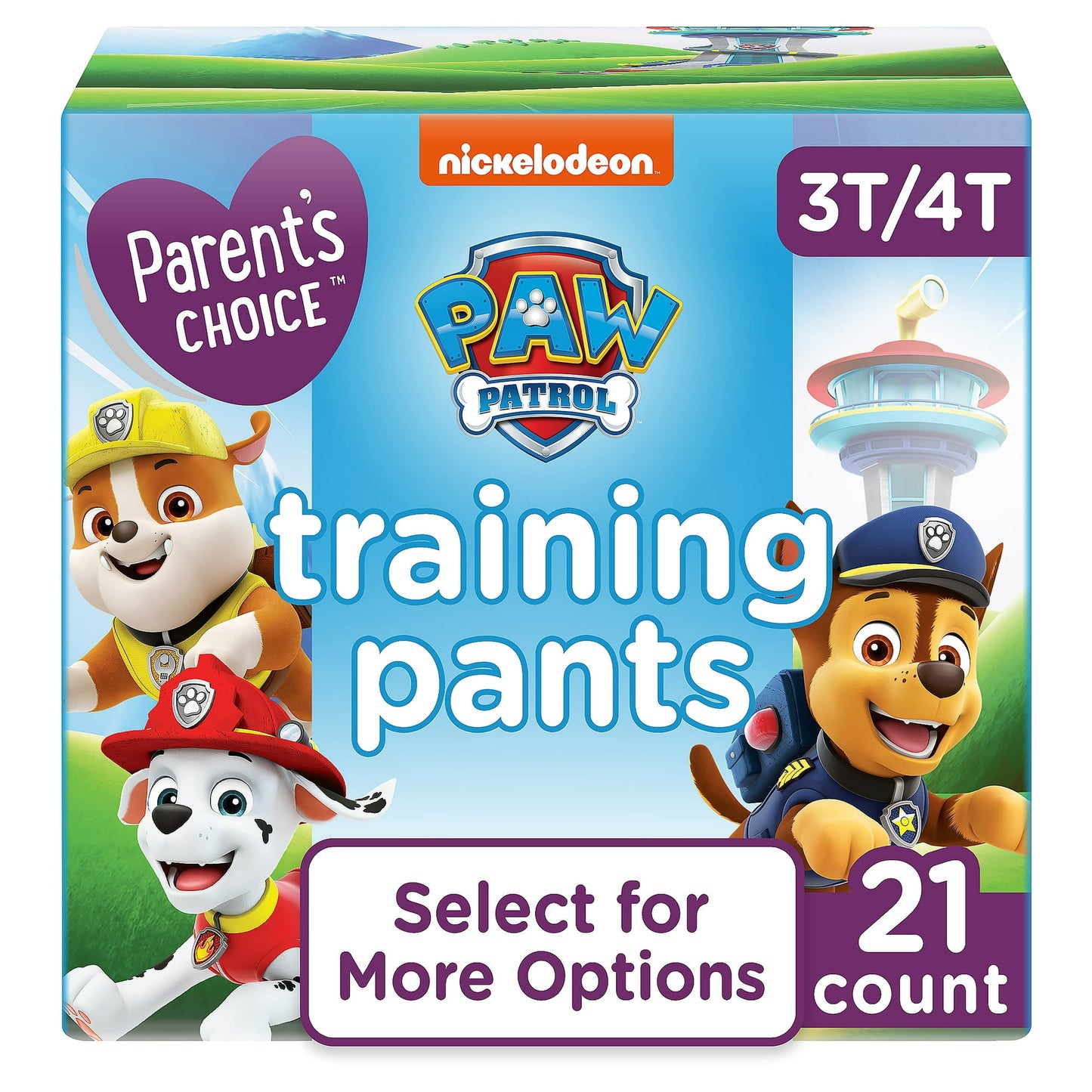 A box of training pants featuring Cartoon characters, labeled 3T-4T, 21 count