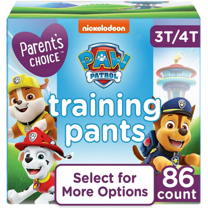 A box of training pants featuring Cartoon characters, labeled 3T-4T, 86 count