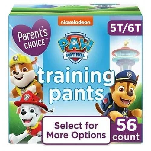 A box of training pants featuring Cartoon characters, labeled 5T-6T, 56 count