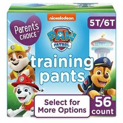 A box of training pants featuring Cartoon characters, labeled 5T-6T, 56 count