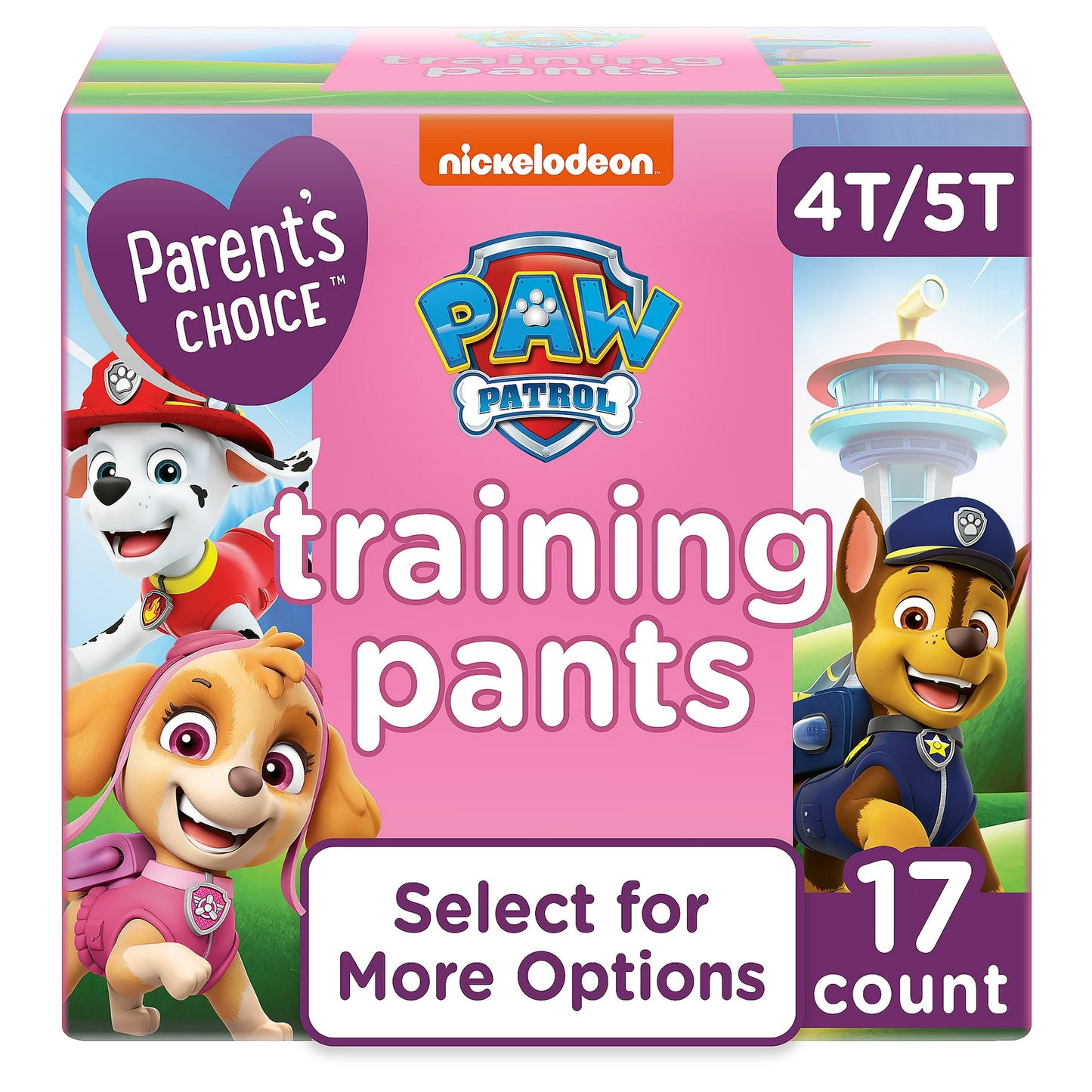 A box of training pants featuring Cartoon characters, labeled 4T-5T, 17 count
