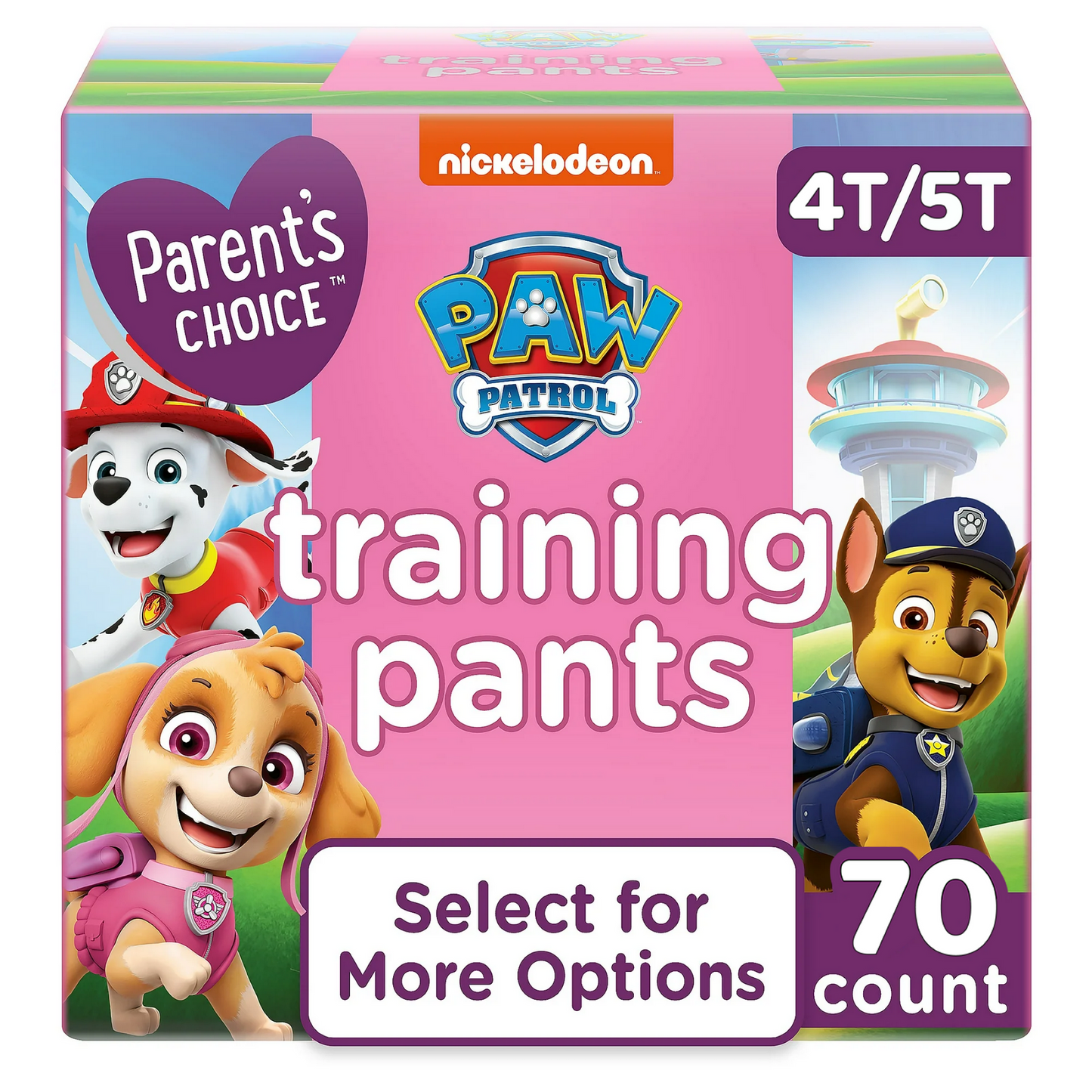 A box of training pants featuring Cartoon characters, labeled 4T-5T, 70 count