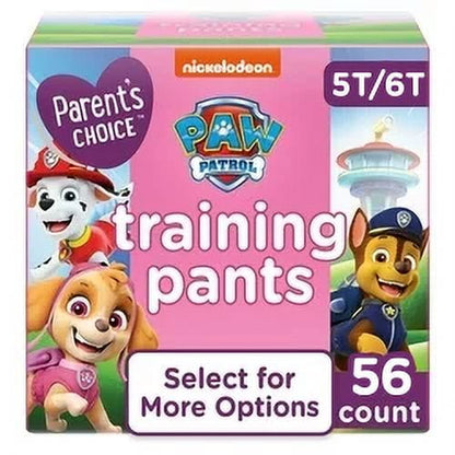 A box of training pants featuring Cartoon characters, labeled 5T-6T, 56 count