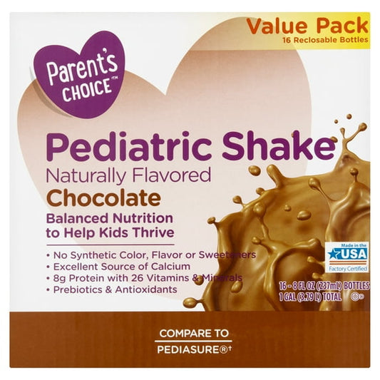 A chocolate-flavored pediatric nutritional shake in a value pack with splashing liquid