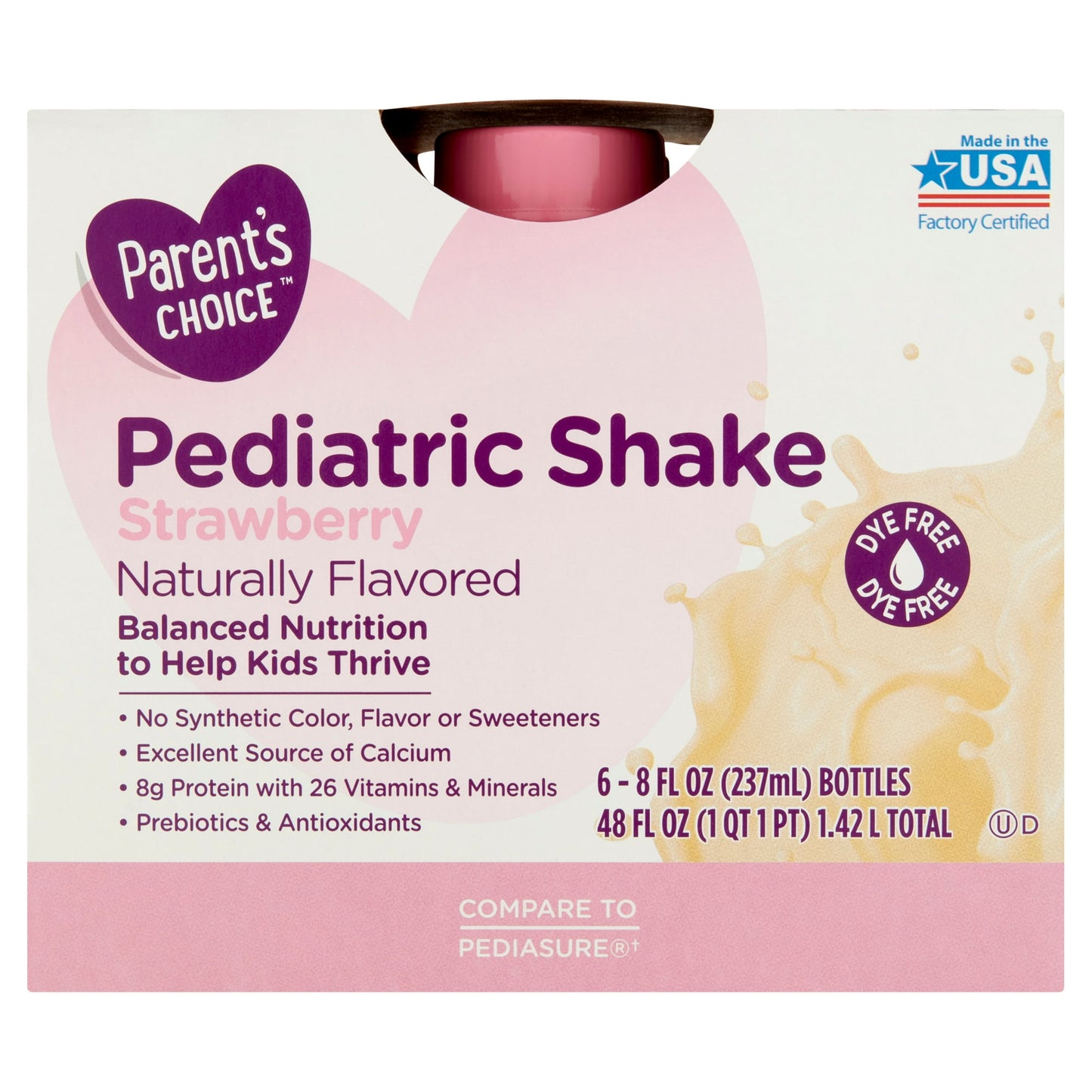 Box of children's strawberry nutrition shakes with pink label and splash design