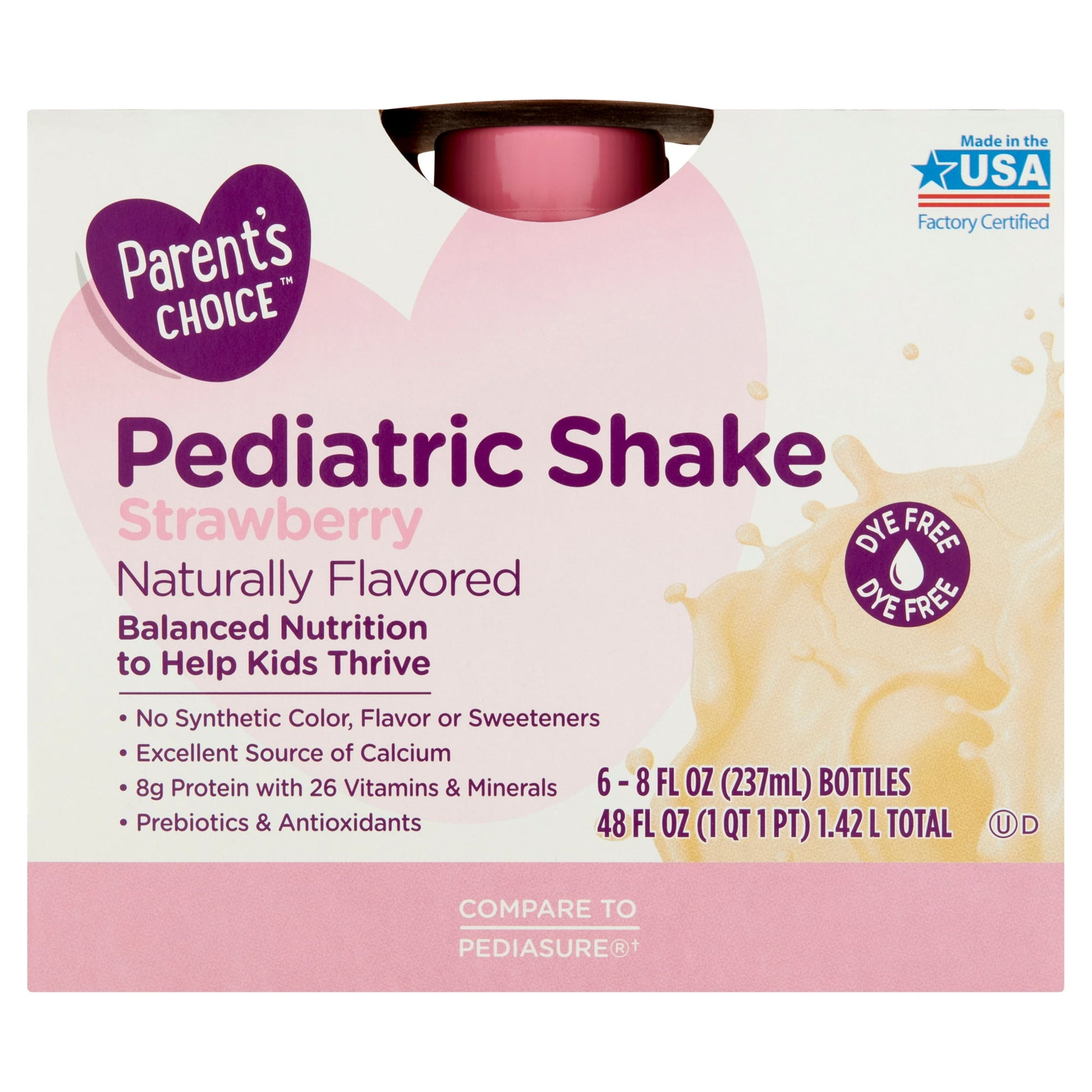 Box of children's strawberry nutrition shakes with pink label and splash design