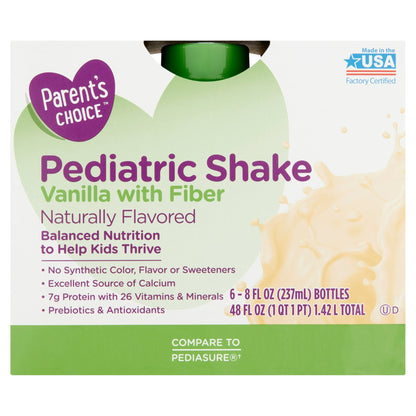 A carton containing bottles of a vanilla-flavored pediatric nutritional shake with fiber