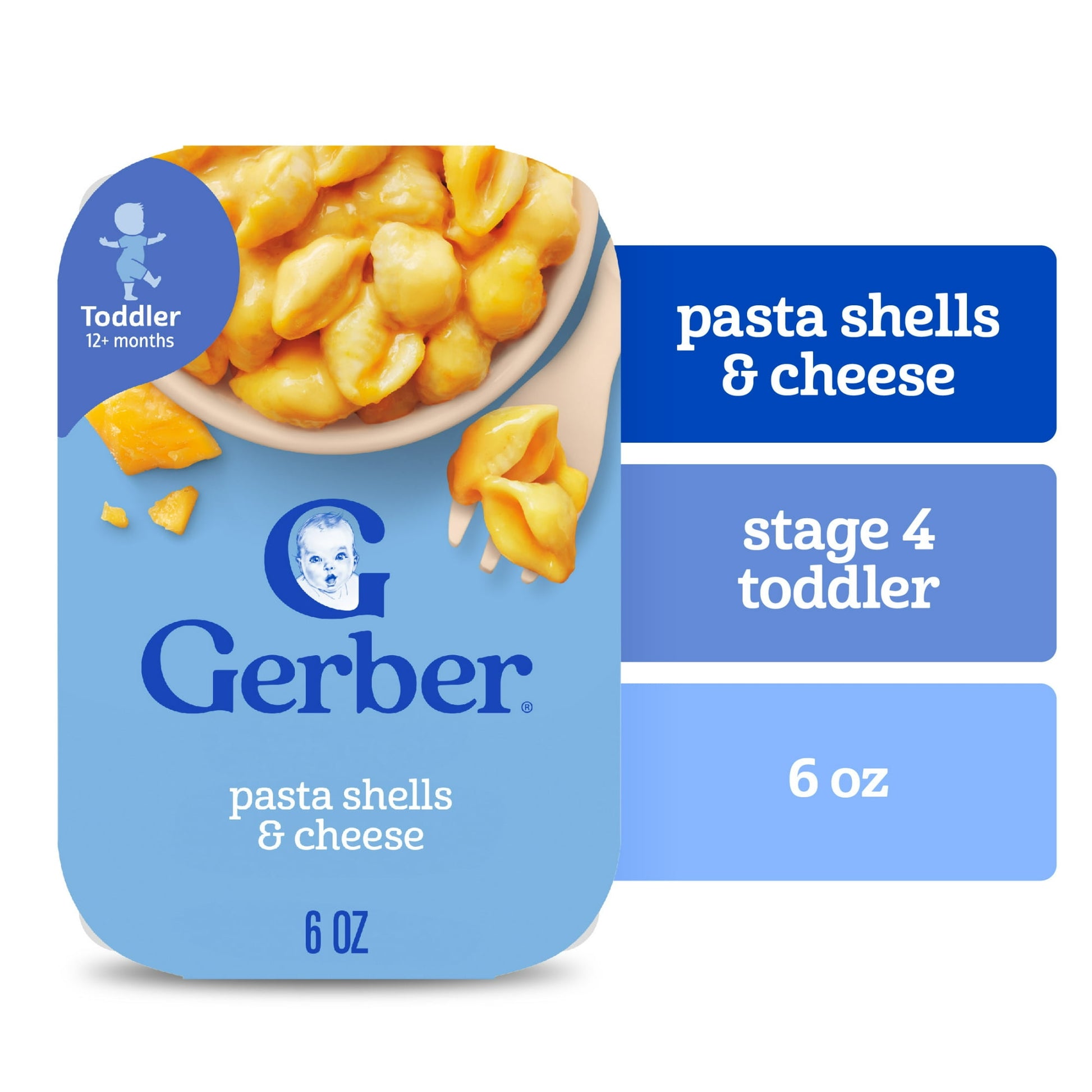 Pasta shells and cheese – 6 oz tray of creamy and tasty toddler meal, ready to serve.