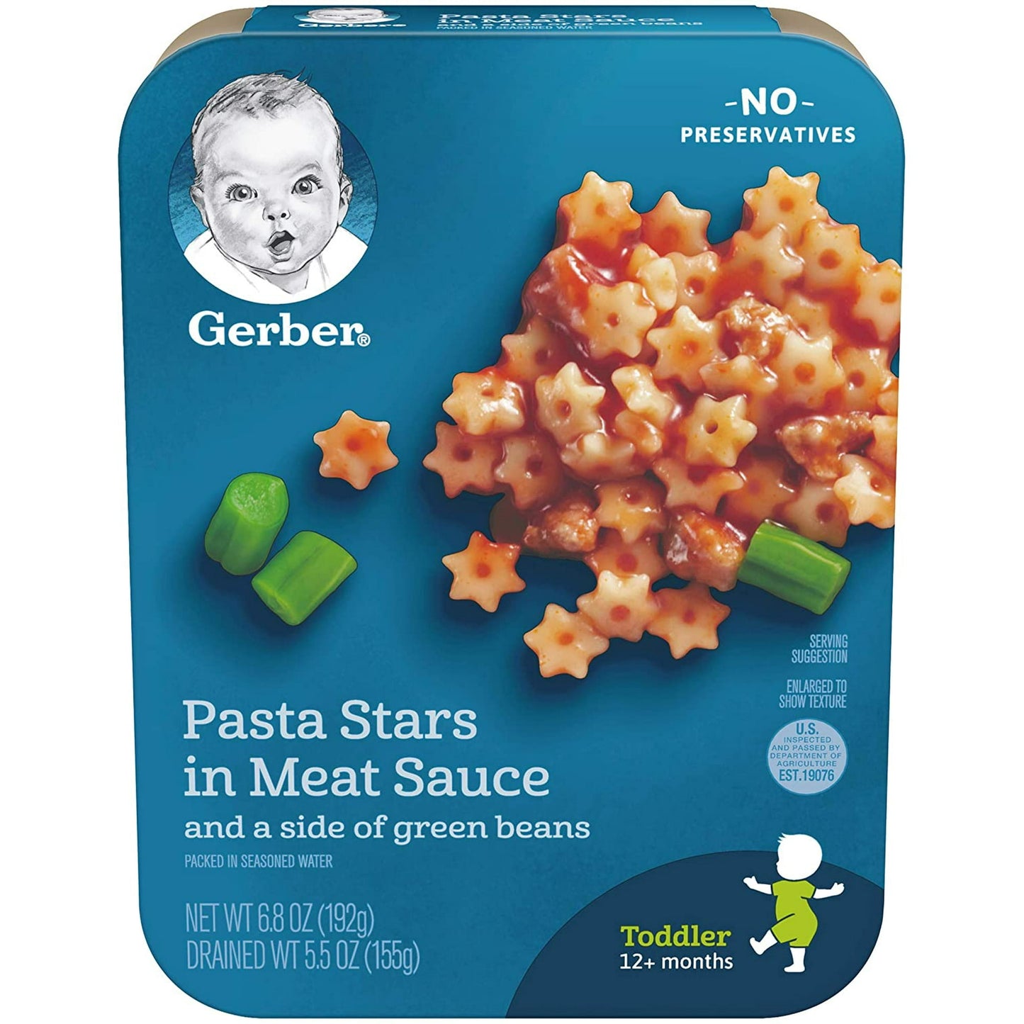 Pasta stars in meat sauce with green beans – 4-count pack of 6.6 oz toddler meals in trays.