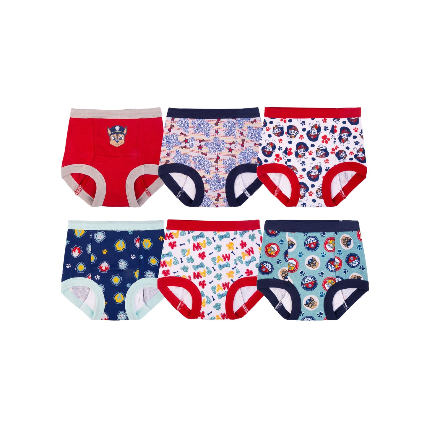 Six pieces of colorful, patterned children's training pants are displayed on a white background, arranged in two rows