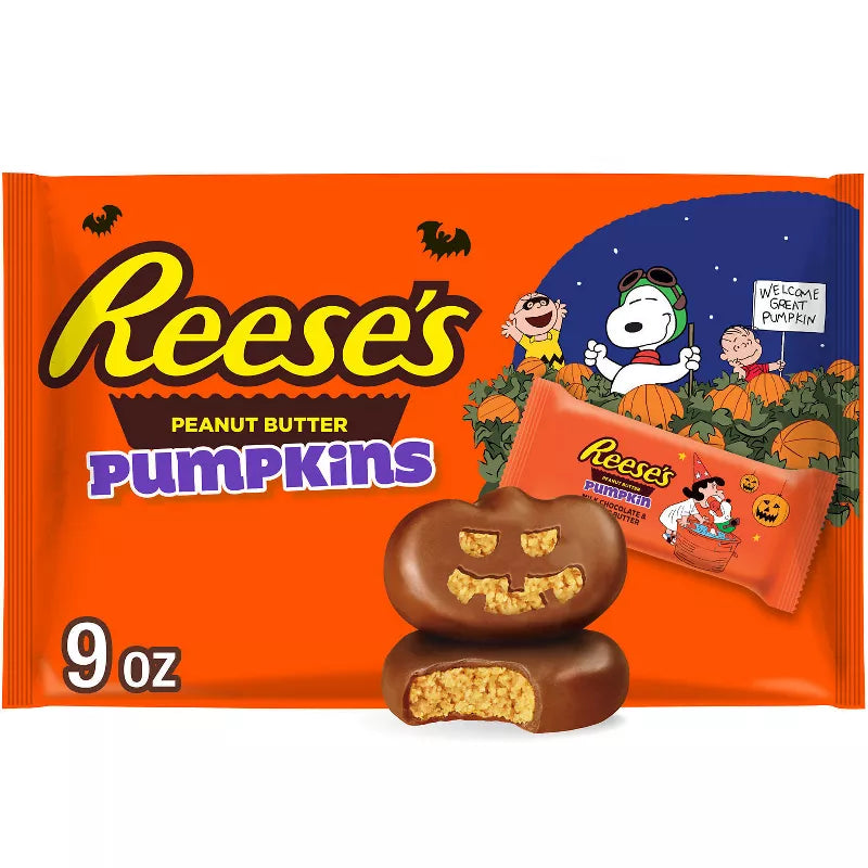 Peanut Butter Pumpkins Halloween candy package with cartoon characters on an orange background