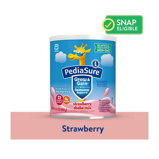 A can of strawberry-flavored kids’ shake mix powder with illustrated label