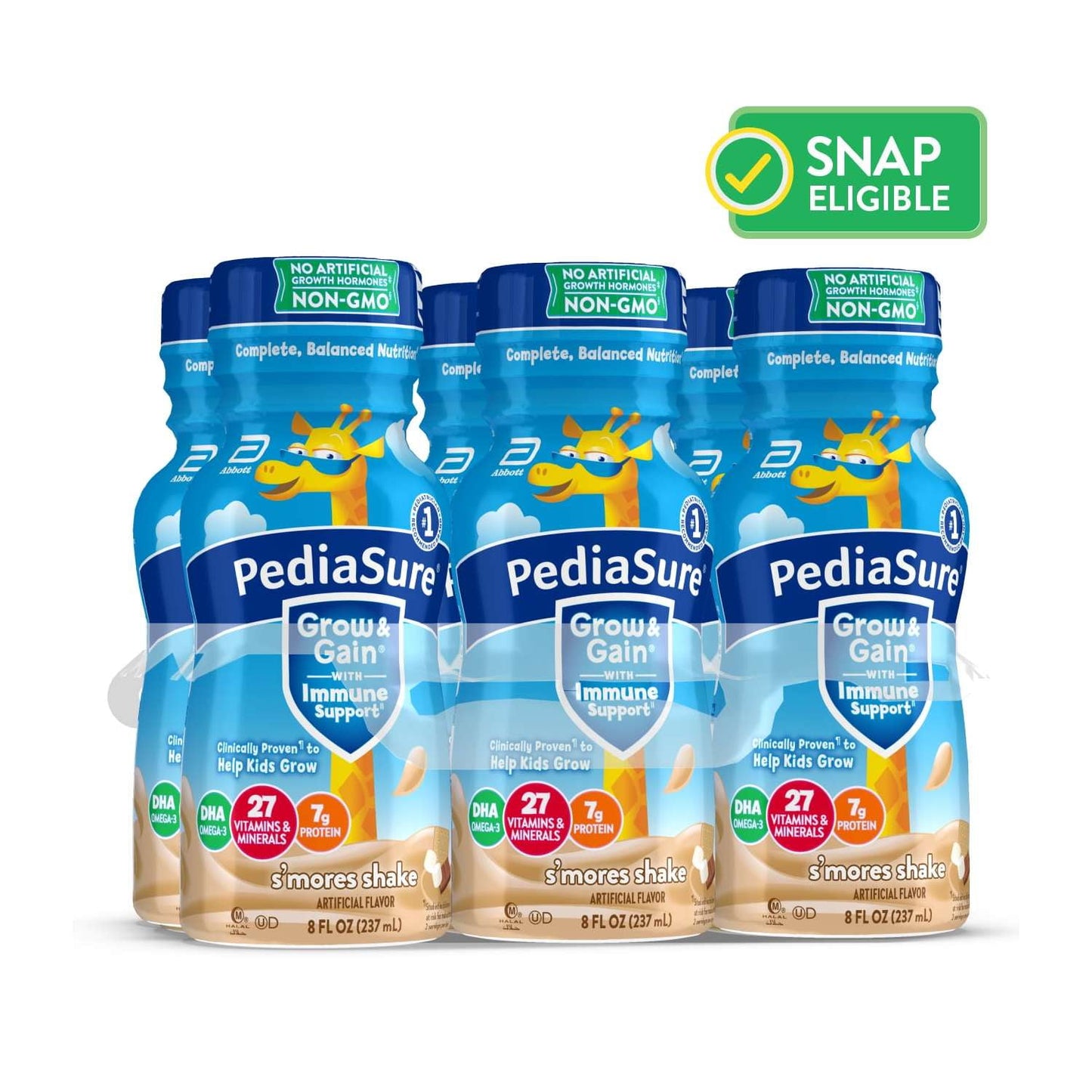 Bottles with blue-labeled nutritional drink in s'mores flavor, displayed against a white background