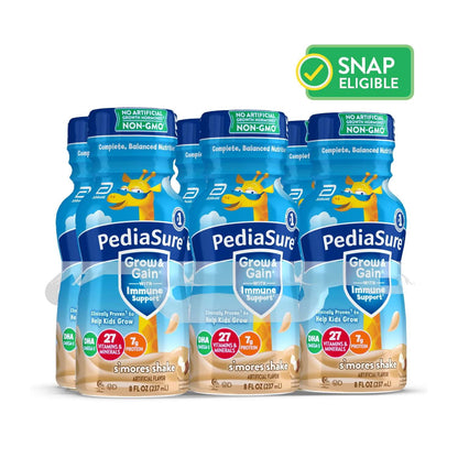 Bottles with blue-labeled nutritional drink in s'mores flavor, displayed against a white background