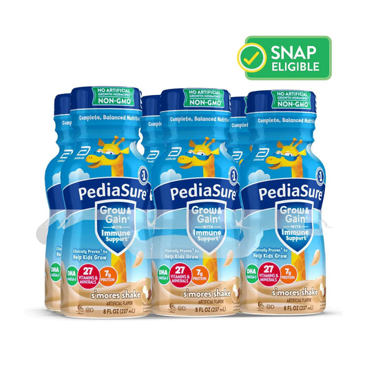 Bottles with blue-labeled nutritional drink in s'mores flavor, displayed against a white background