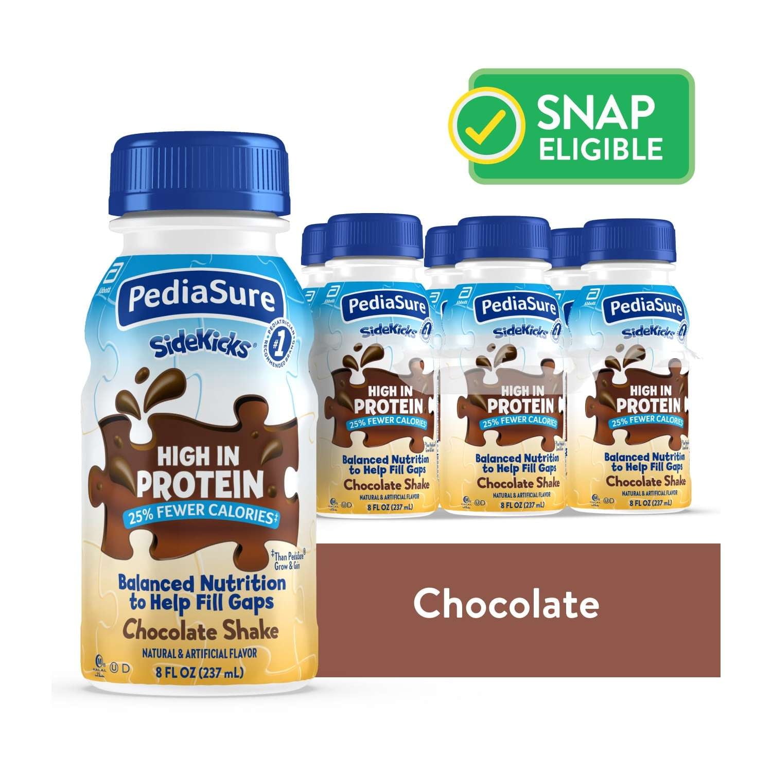Pack of chocolate nutrition shake bottles featuring a chocolate splash design