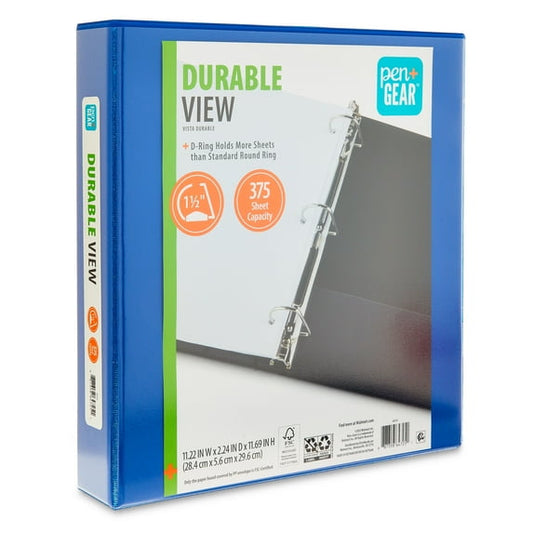 Pen+Gear Durable View 1.5-inch, D-Ring Binder, Blue